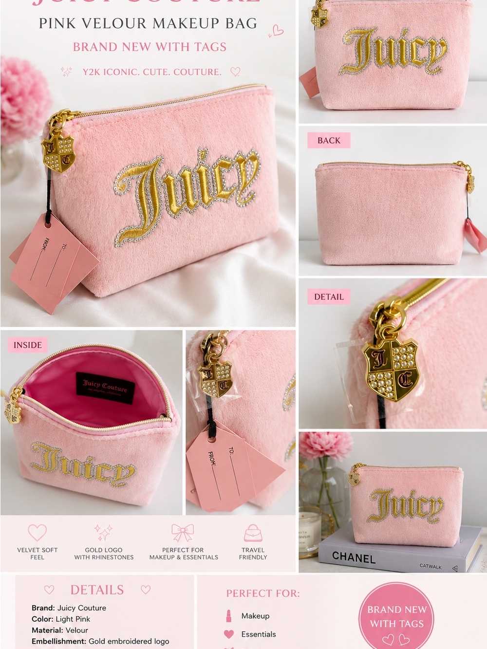 Juicy Couture Light Pink Velour Cosmetic Pouch with Gold Logo